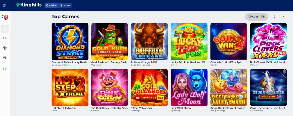Kingshill game lobby showing category navigation and visible game providers
