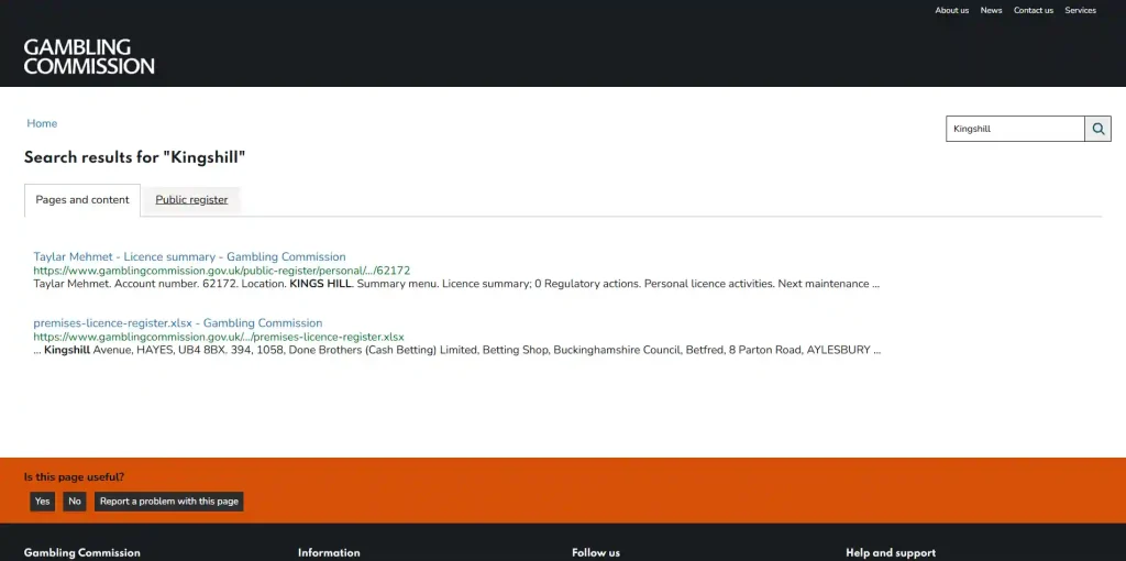 Official gambling regulator register evidence used to check Kingshill and IntellogixSoft licensing