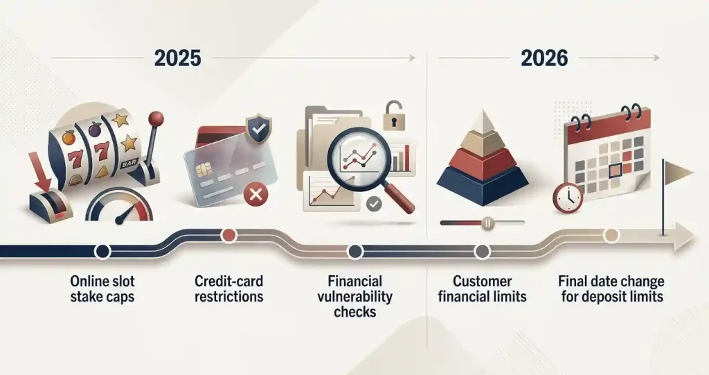 Timeline of key Great Britain online gambling rule changes during 2025 and 2026