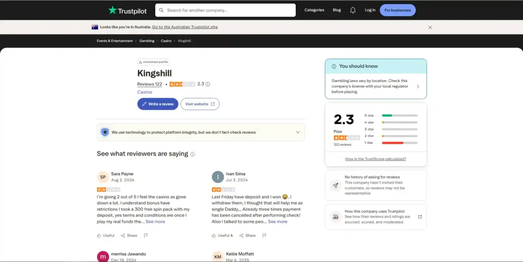 Current Kingshill Trustpilot review summary showing rating and recent review context