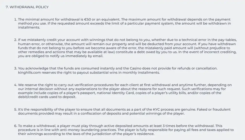 Kingshill withdrawal or verification interface showing the current payout process